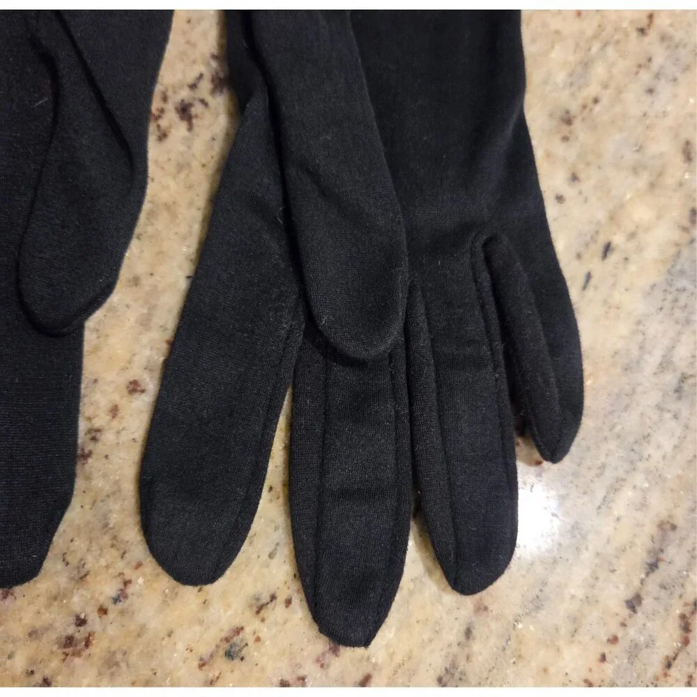 Vintage Womens Size M Black Nylon Stretch Formal Gloves Twist Metal Accent